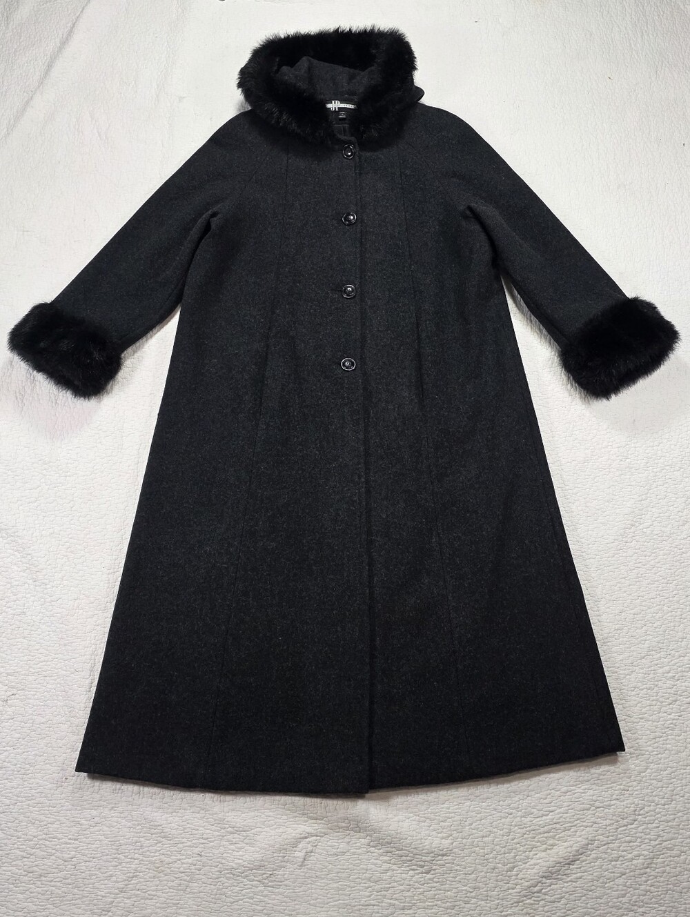 Vintage JP 1893 Charcoal Gray Wool Hooded Long Coat with Black Faux Fur Trim - Picture 3 of 13